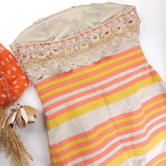 Minuet Strapless Embroidered Orange Tan Striped Dress Sz M - Picture 3 of 15